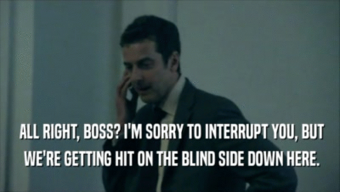  ALL RIGHT, BOSS? I'M SORRY TO INTERRUPT YOU, BUT  WE'RE GETTING HIT ON THE BLIND SIDE DOWN HERE. 