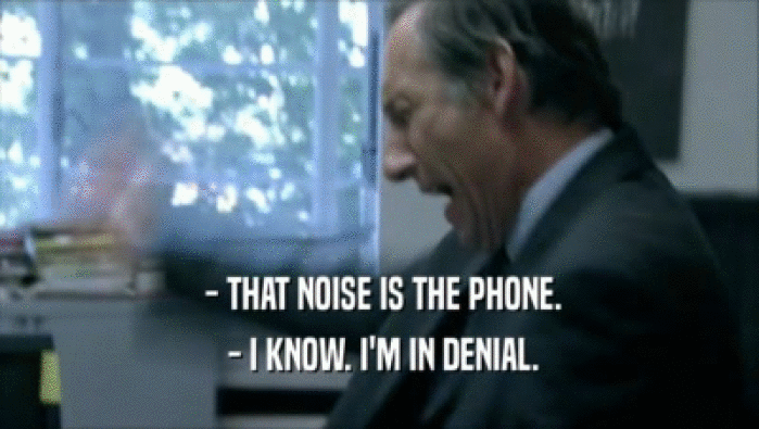  - THAT NOISE IS THE PHONE.
  - I KNOW. I'M IN DENIAL.
 