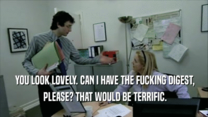  YOU LOOK LOVELY. CAN I HAVE THE FUCKING DIGEST,  PLEASE? THAT WOULD BE TERRIFIC. 