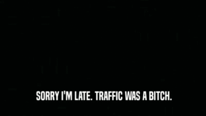  SORRY I'M LATE. TRAFFIC WAS A BITCH.
  