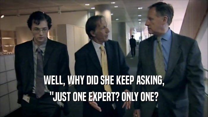 WELL, WHY DID SHE KEEP ASKING, ''JUST ONE EXPERT? ONLY ONE? 
