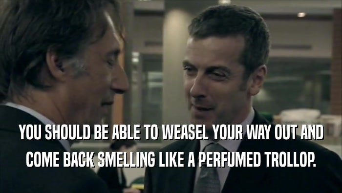 YOU SHOULD BE ABLE TO WEASEL YOUR WAY OUT AND COME BACK SMELLING LIKE A PERFUMED TROLLOP. 