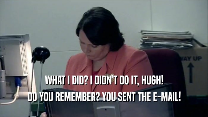 WHAT I DID? I DIDN'T DO IT, HUGH! DO YOU REMEMBER? YOU SENT THE E-MAIL! 
