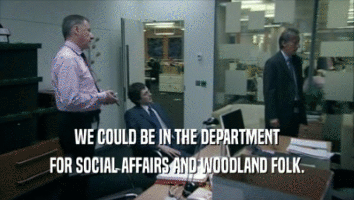 WE COULD BE IN THE DEPARTMENT FOR SOCIAL AFFAIRS AND WOODLAND FOLK. 