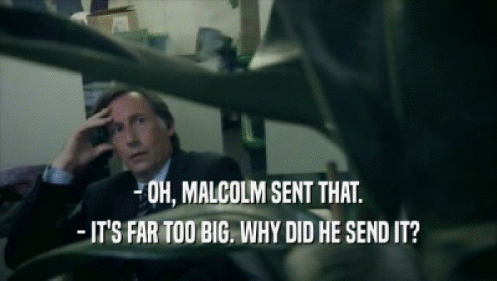 - OH, MALCOLM SENT THAT.
 - IT'S FAR TOO BIG. WHY DID HE SEND IT?
 
