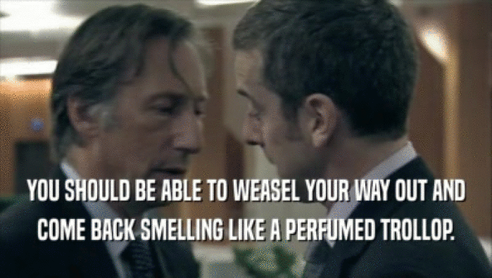 YOU SHOULD BE ABLE TO WEASEL YOUR WAY OUT AND COME BACK SMELLING LIKE A PERFUMED TROLLOP. 