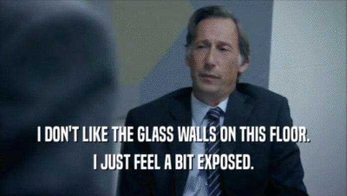 I DON'T LIKE THE GLASS WALLS ON THIS FLOOR. I JUST FEEL A BIT EXPOSED. 