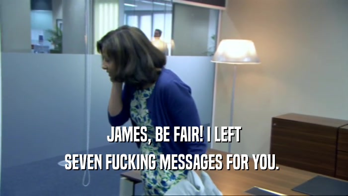 JAMES, BE FAIR! I LEFT SEVEN FUCKING MESSAGES FOR YOU.  