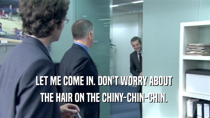 LET ME COME IN. DON'T WORRY ABOUT  THE HAIR ON THE CHINY-CHIN-CHIN.  