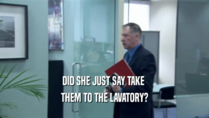 DID SHE JUST SAY TAKE 
 THEM TO THE LAVATORY?
 