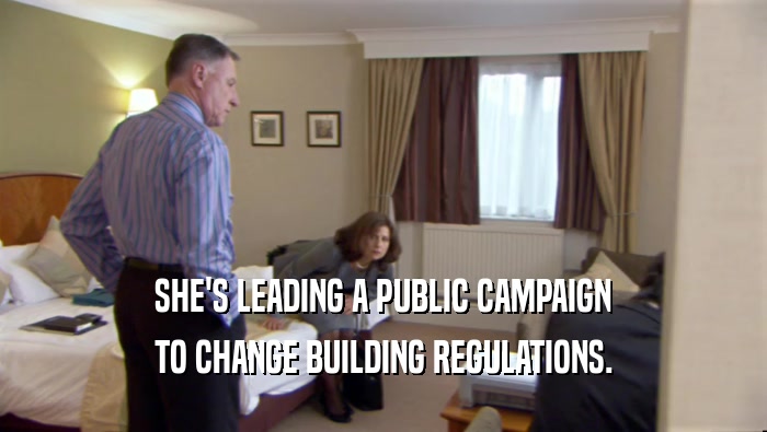 SHE'S LEADING A PUBLIC CAMPAIGN TO CHANGE BUILDING REGULATIONS. 