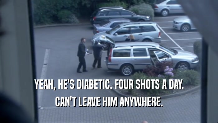 YEAH, HE'S DIABETIC. FOUR SHOTS A DAY. CAN'T LEAVE HIM ANYWHERE. 