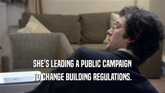 SHE'S LEADING A PUBLIC CAMPAIGN TO CHANGE BUILDING REGULATIONS. 