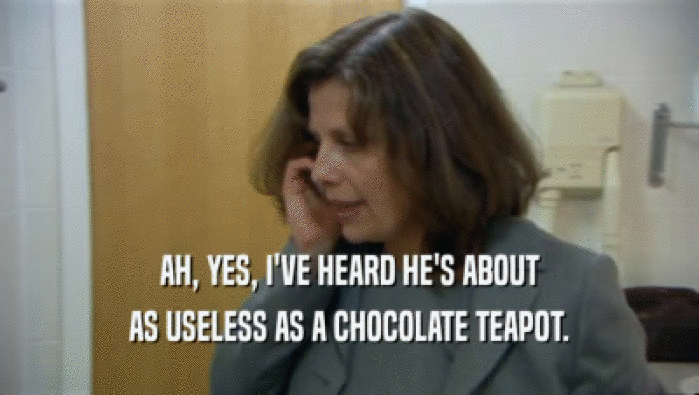 AH, YES, I'VE HEARD HE'S ABOUT AS USELESS AS A CHOCOLATE TEAPOT. 