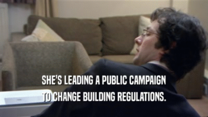 SHE'S LEADING A PUBLIC CAMPAIGN TO CHANGE BUILDING REGULATIONS. 