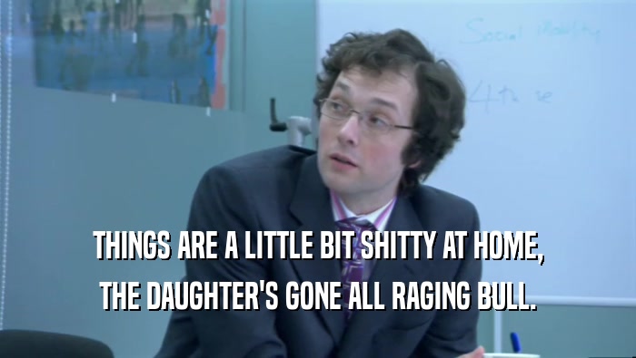 THINGS ARE A LITTLE BIT SHITTY AT HOME, THE DAUGHTER'S GONE ALL RAGING BULL. 