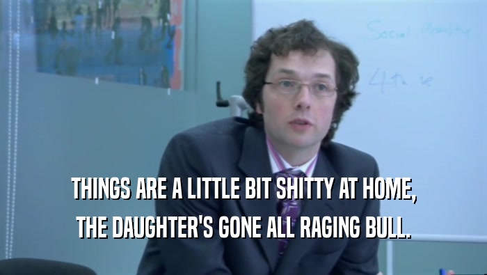 THINGS ARE A LITTLE BIT SHITTY AT HOME, THE DAUGHTER'S GONE ALL RAGING BULL. 