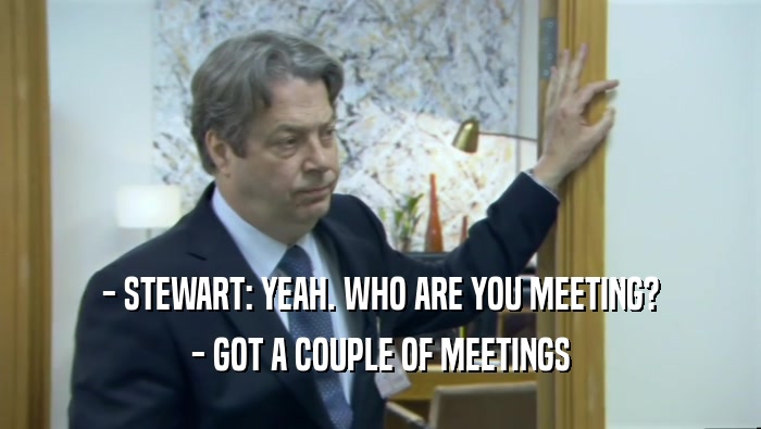 - STEWART: YEAH. WHO ARE YOU MEETING?
 - GOT A COUPLE OF MEETINGS
 