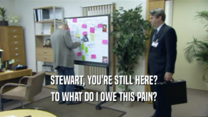 STEWART, YOU'RE STILL HERE? TO WHAT DO I OWE THIS PAIN? 