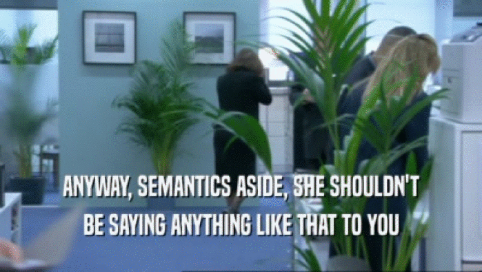 ANYWAY, SEMANTICS ASIDE, SHE SHOULDN'T BE SAYING ANYTHING LIKE THAT TO YOU 