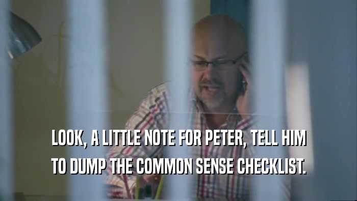 LOOK, A LITTLE NOTE FOR PETER, TELL HIM
 TO DUMP THE COMMON SENSE CHECKLIST.
 