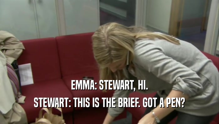 EMMA: STEWART, HI. STEWART: THIS IS THE BRIEF. GOT A PEN? 