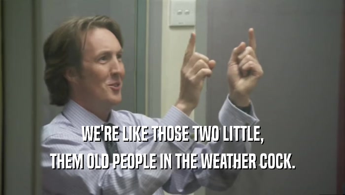 WE'RE LIKE THOSE TWO LITTLE, THEM OLD PEOPLE IN THE WEATHER COCK. 