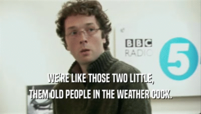 WE'RE LIKE THOSE TWO LITTLE,
 THEM OLD PEOPLE IN THE WEATHER COCK.
 