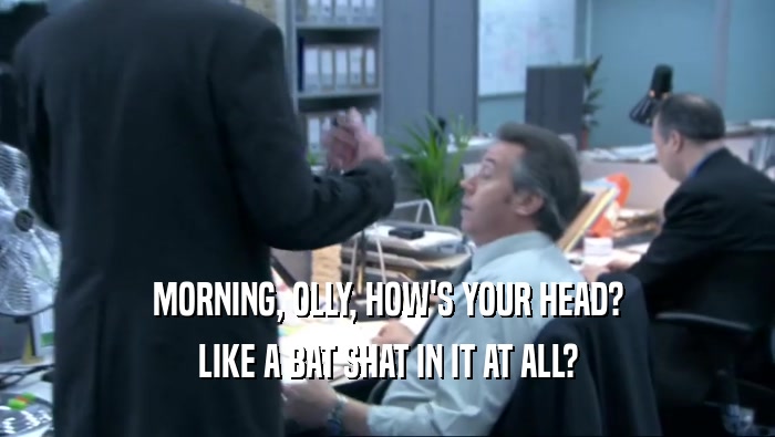 MORNING, OLLY, HOW'S YOUR HEAD?
 LIKE A BAT SHAT IN IT AT ALL?
 