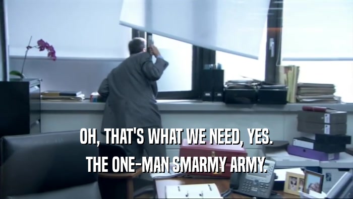 OH, THAT'S WHAT WE NEED, YES. THE ONE-MAN SMARMY ARMY. 