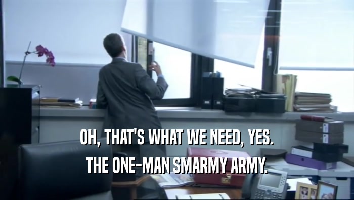 OH, THAT'S WHAT WE NEED, YES. THE ONE-MAN SMARMY ARMY. 