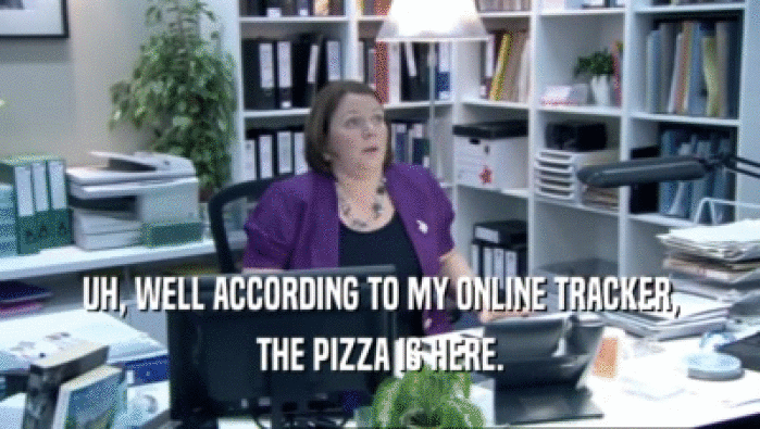 UH, WELL ACCORDING TO MY ONLINE TRACKER, THE PIZZA IS HERE. 