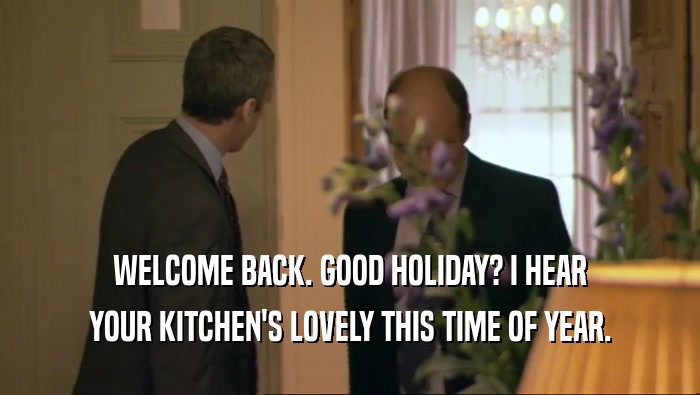 WELCOME BACK. GOOD HOLIDAY? I HEAR YOUR KITCHEN'S LOVELY THIS TIME OF YEAR. 