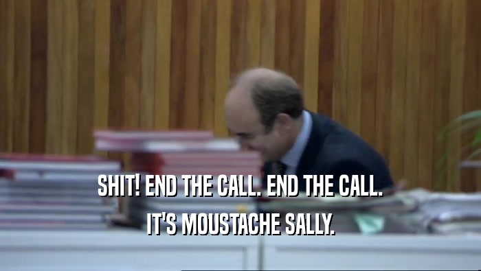 SHIT! END THE CALL. END THE CALL. IT'S MOUSTACHE SALLY. 