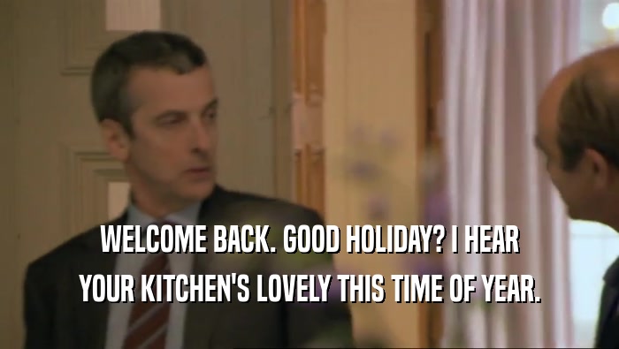 WELCOME BACK. GOOD HOLIDAY? I HEAR YOUR KITCHEN'S LOVELY THIS TIME OF YEAR. 
