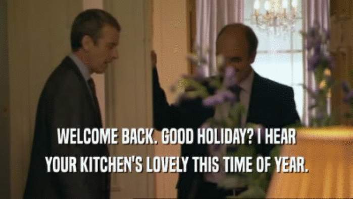 WELCOME BACK. GOOD HOLIDAY? I HEAR YOUR KITCHEN'S LOVELY THIS TIME OF YEAR. 