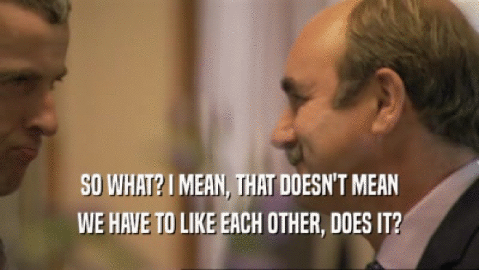 SO WHAT? I MEAN, THAT DOESN'T MEAN WE HAVE TO LIKE EACH OTHER, DOES IT? 