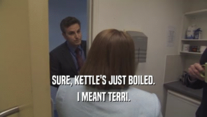 SURE, KETTLE'S JUST BOILED. I MEANT TERRI. 