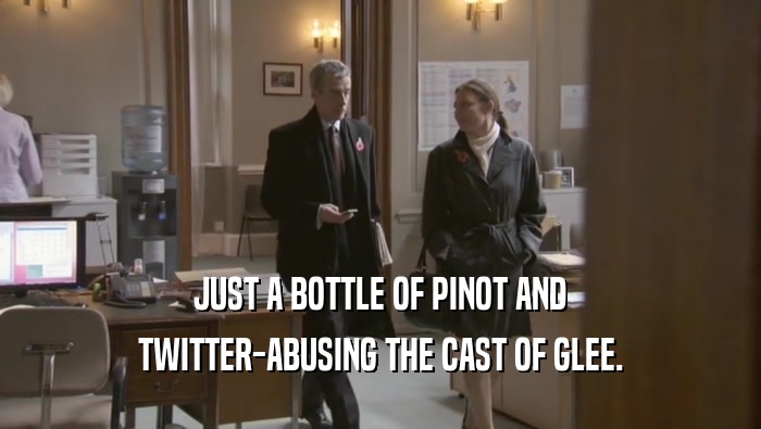 JUST A BOTTLE OF PINOT AND
 TWITTER-ABUSING THE CAST OF GLEE.
 