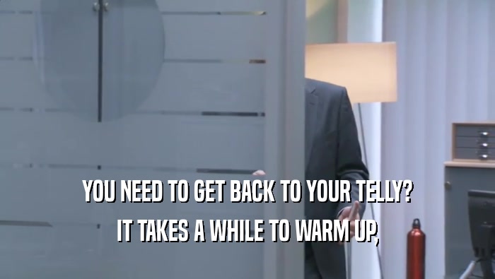YOU NEED TO GET BACK TO YOUR TELLY? IT TAKES A WHILE TO WARM UP, IT TAKES A WHILE TO WARM UP,