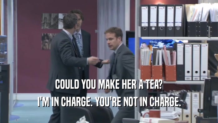 COULD YOU MAKE HER A TEA? I'M IN CHARGE. YOU'RE NOT IN CHARGE. I'M IN CHARGE. YOU'RE NOT IN CHARGE.