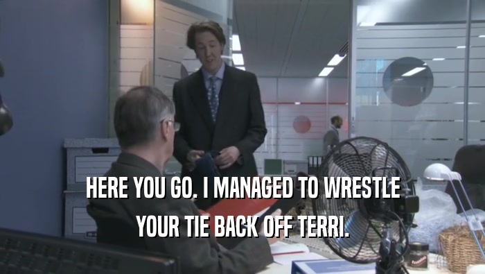 HERE YOU GO. I MANAGED TO WRESTLE YOUR TIE BACK OFF TERRI. 