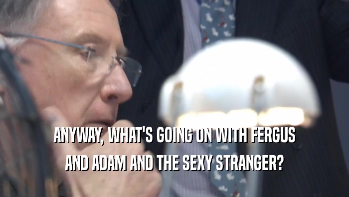 ANYWAY, WHAT'S GOING ON WITH FERGUS AND ADAM AND THE SEXY STRANGER? 
