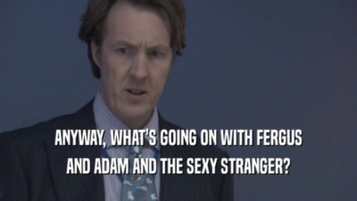 ANYWAY, WHAT'S GOING ON WITH FERGUS
 AND ADAM AND THE SEXY STRANGER?
 