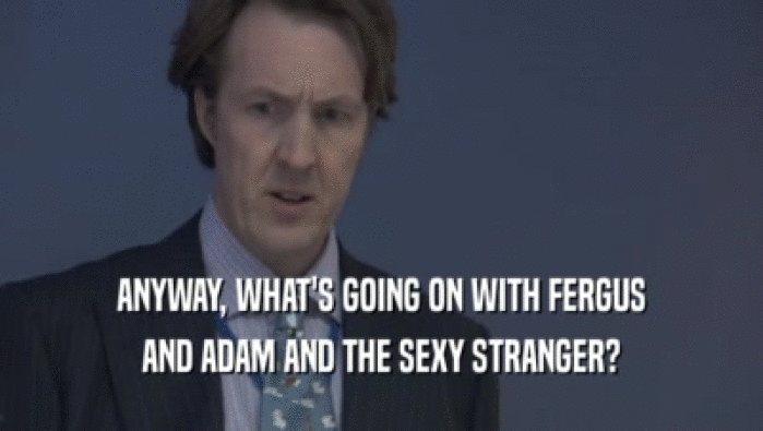 ANYWAY, WHAT'S GOING ON WITH FERGUS AND ADAM AND THE SEXY STRANGER? 