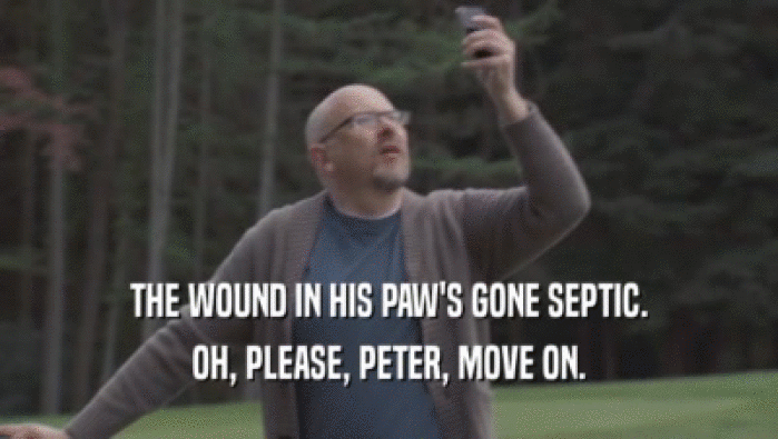 THE WOUND IN HIS PAW'S GONE SEPTIC. OH, PLEASE, PETER, MOVE ON. 