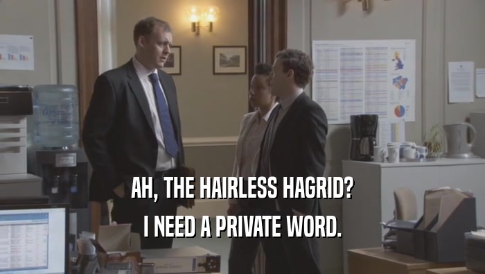 AH, THE HAIRLESS HAGRID? I NEED A PRIVATE WORD. I NEED A PRIVATE WORD.