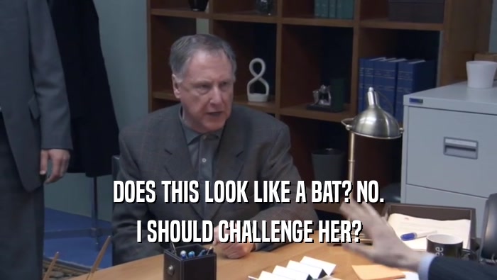 DOES THIS LOOK LIKE A BAT? NO. I SHOULD CHALLENGE HER? I SHOULD CHALLENGE HER?
