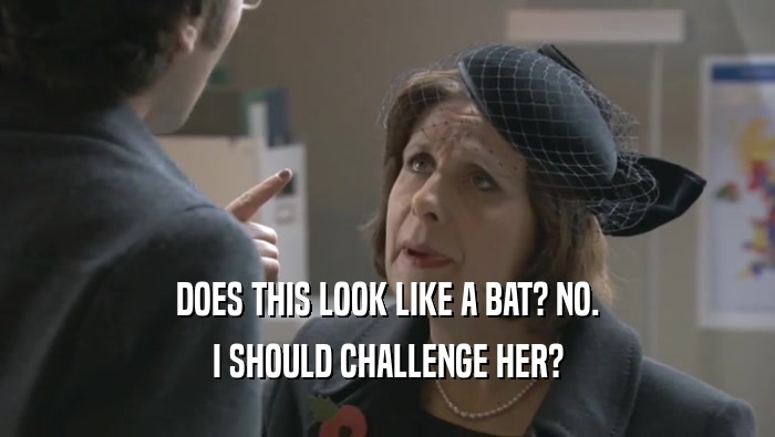 DOES THIS LOOK LIKE A BAT? NO. I SHOULD CHALLENGE HER? I SHOULD CHALLENGE HER?