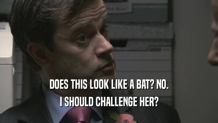 DOES THIS LOOK LIKE A BAT? NO. I SHOULD CHALLENGE HER? I SHOULD CHALLENGE HER?